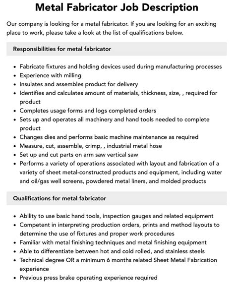 welding metal fabrication job description|fabricator duties and responsibilities.